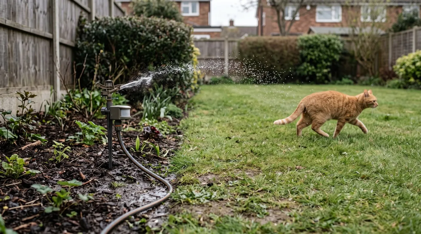 A motion-activated sprinkler firing a burst of water as a ginger cat hurries away from a border