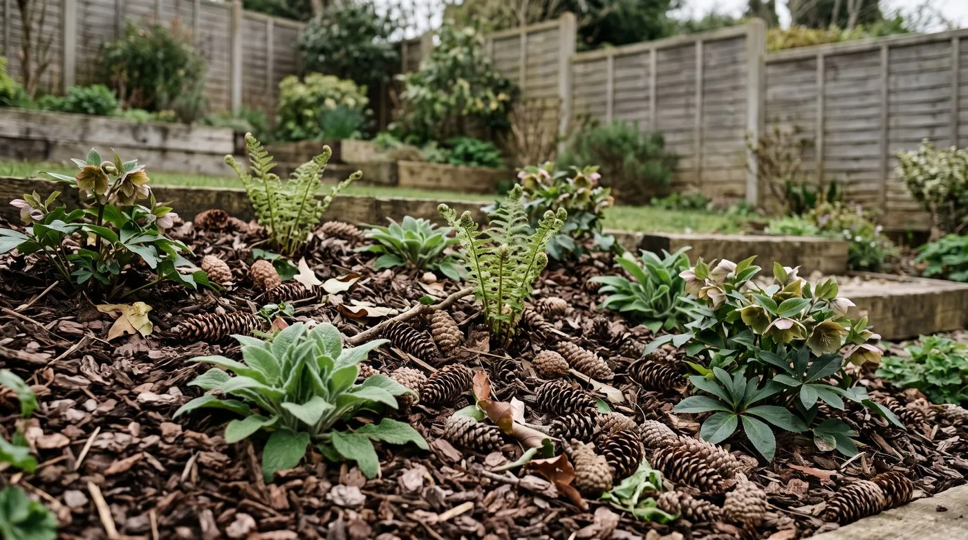 Pine cones scattered over chunky bark mulch between young plants in a woodland-style border