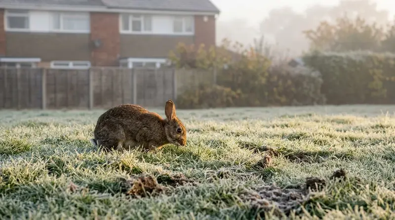 Wild rabbit feeding on a frosty suburban lawn at dawn with scrape damage nearby