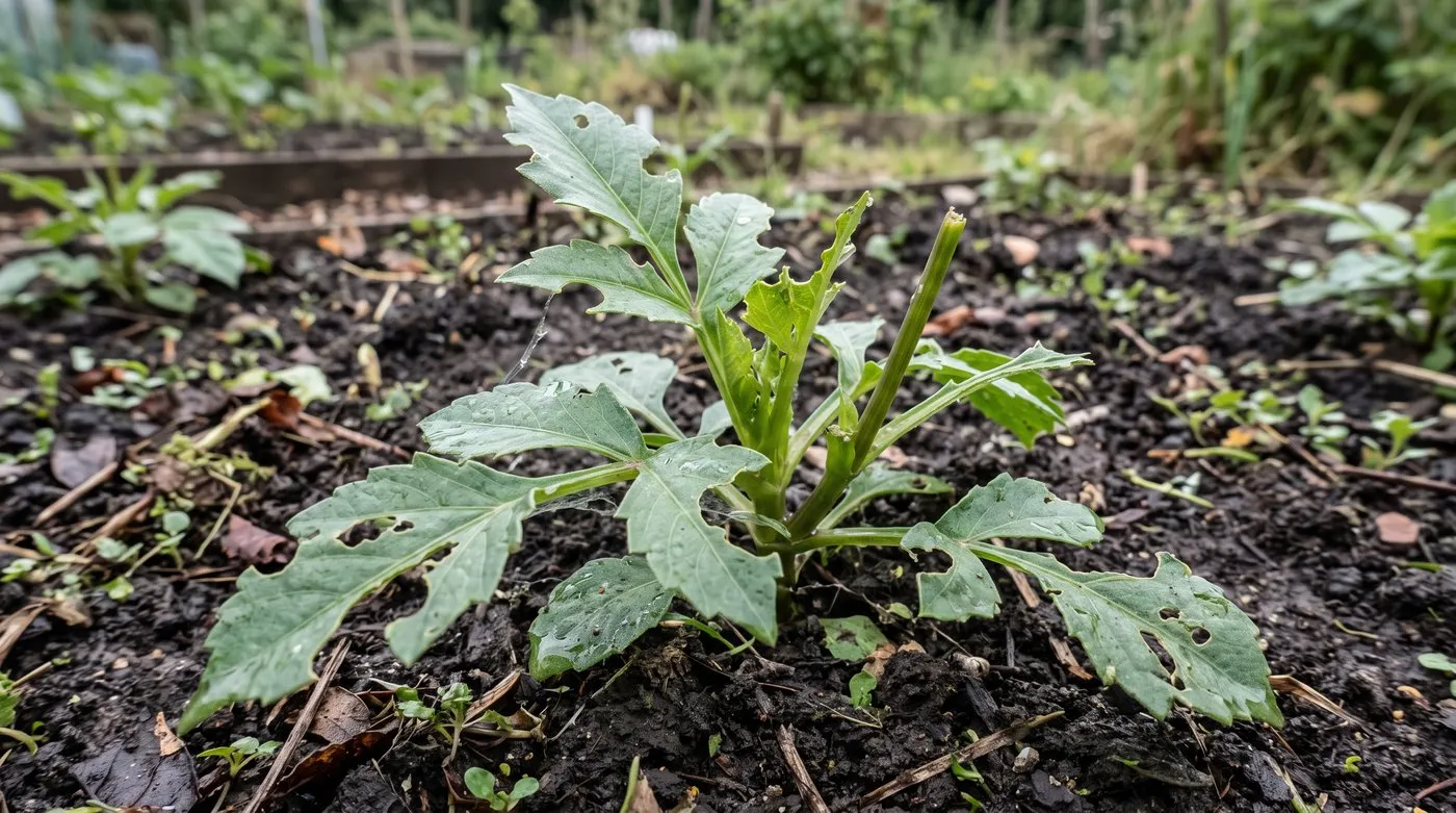Young dahlia plant with ragged, chewed holes in its leaves from slug damage