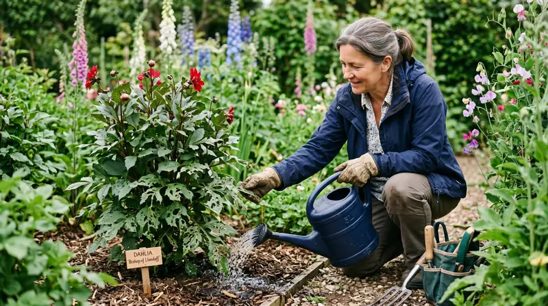 A UK gardener inspecting a dahlia plant in early summer with slug-damaged lower leaves and applying nematode drench around