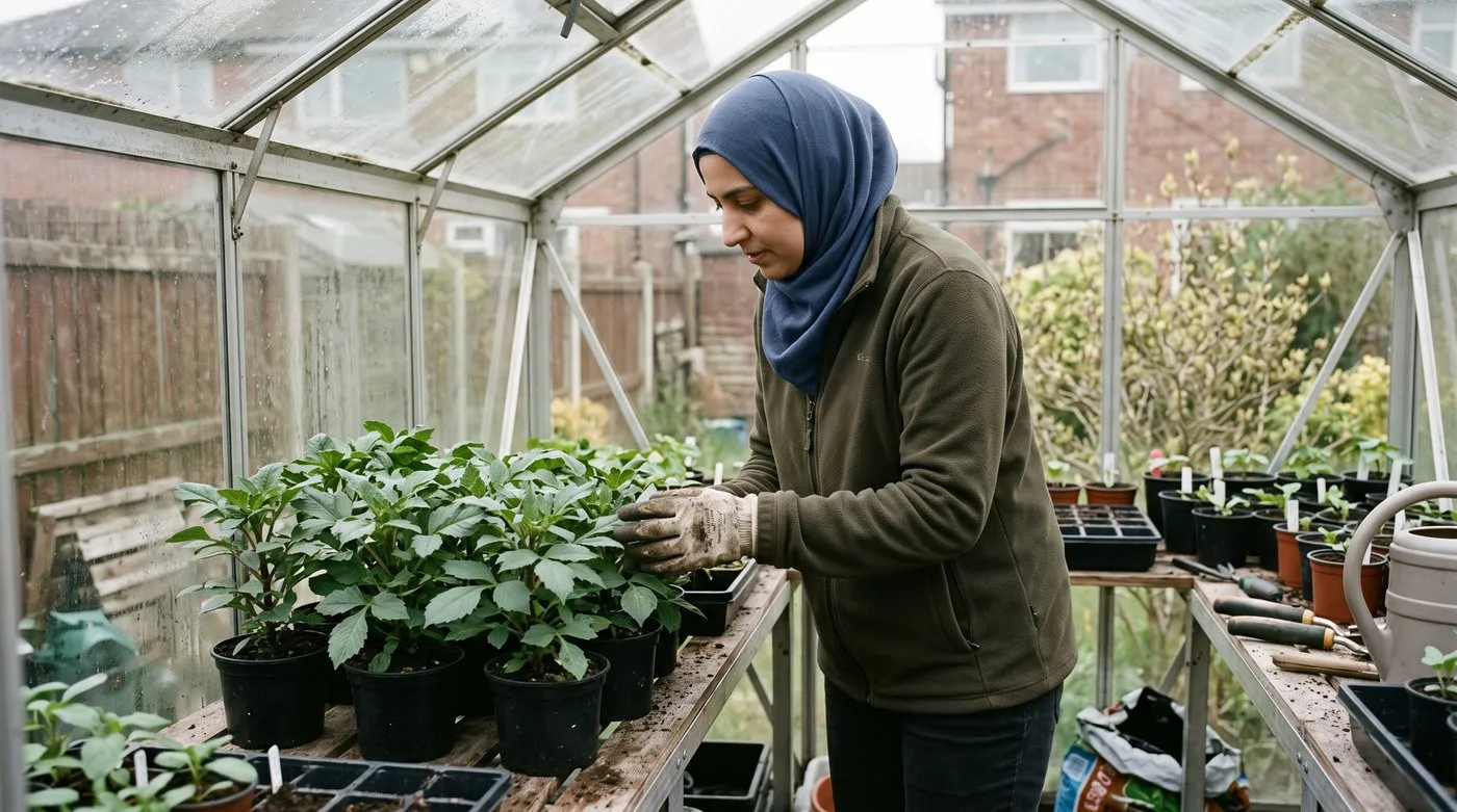 Gardener checking bushy young dahlia plants in pots on a greenhouse bench