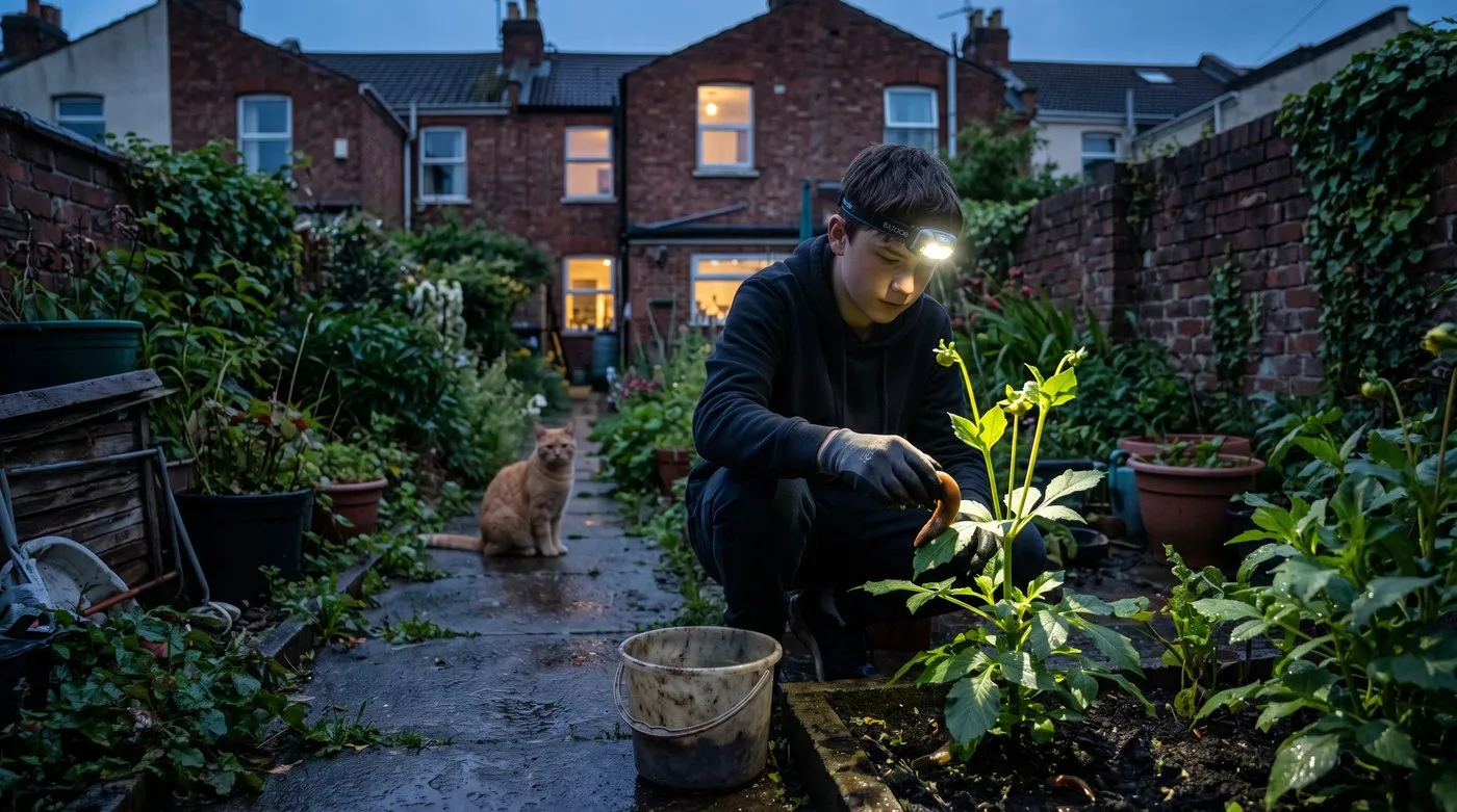 Boy picking a slug off a young dahlia by torchlight while a cat watches
