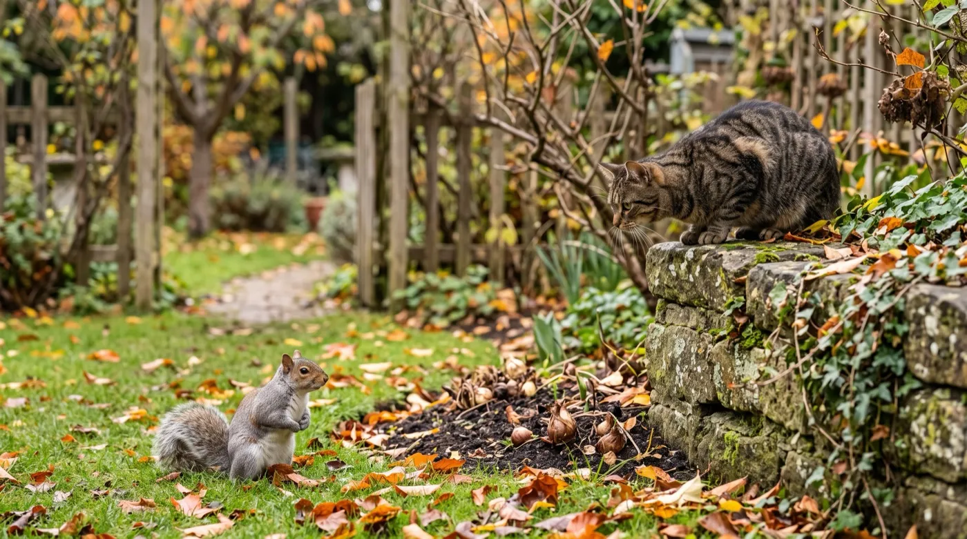 A tabby cat sitting on a UK garden wall watching a grey squirrel on the lawn near a bulb bed