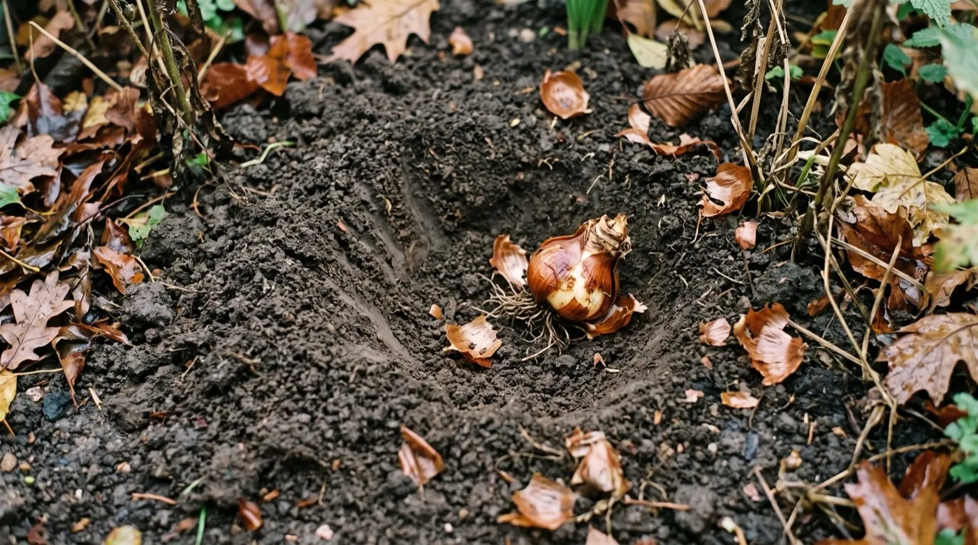 Fresh squirrel damage in a UK bulb bed with a dug crater, scattered soil and a discarded chewed bulb on the surface