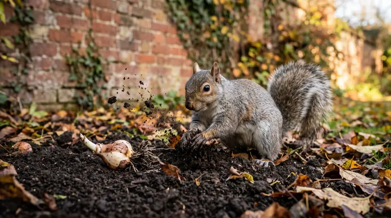 Grey squirrel digging in a freshly planted bulb bed in a UK garden, scattering soil and tulip bulbs