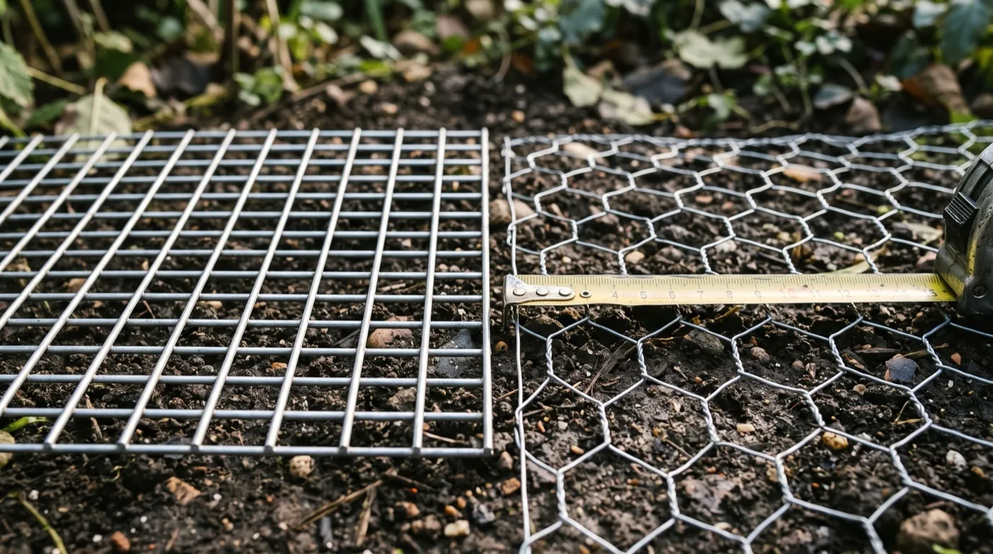 Comparison of 25mm galvanised weldmesh and 50mm hexagonal chicken wire showing why aperture size stops squirrels