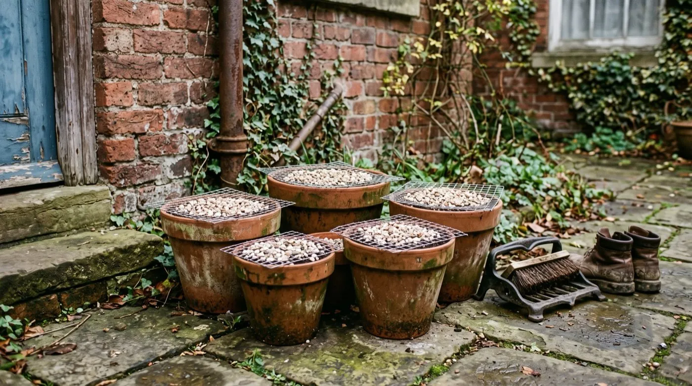 Terracotta pots of spring bulbs in a city courtyard with 25mm wire mesh discs and grit protecting the compost from squirrels