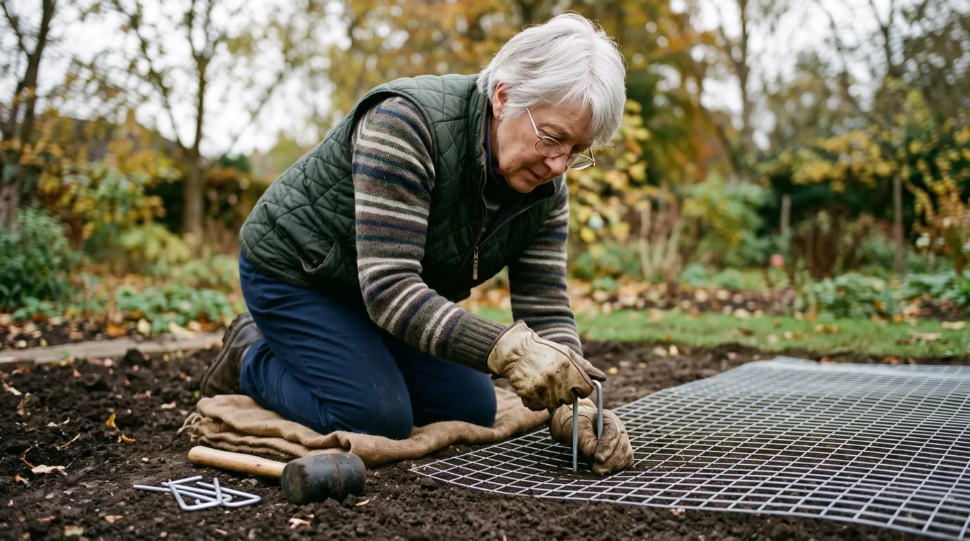A woman in her seventies pegging galvanised wire mesh flat over a newly planted bulb bed in a UK garden