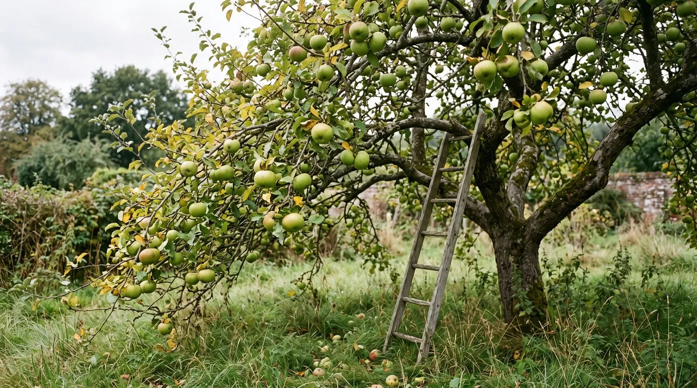 A Bramley apple tree laden with large green cooking apples ready for picking in October
