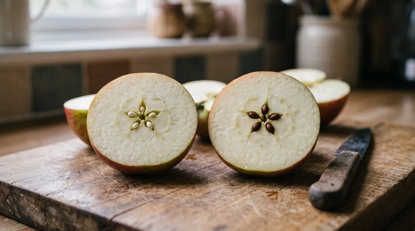 Two halved apples on a board, one with white unripe pips and one with brown ripe pips