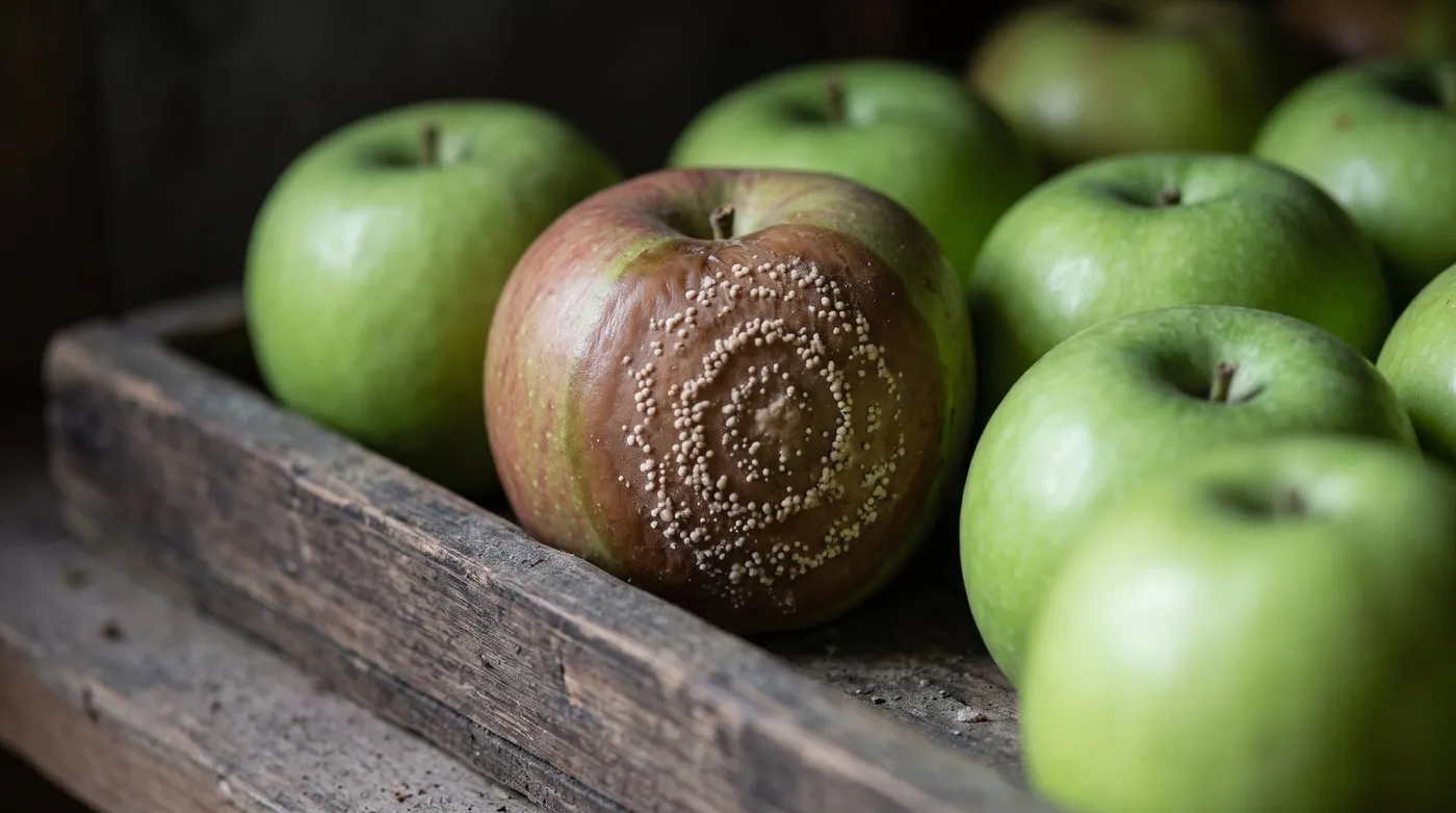 An apple with brown rot showing rings of whitish mould pustules among healthy stored apples