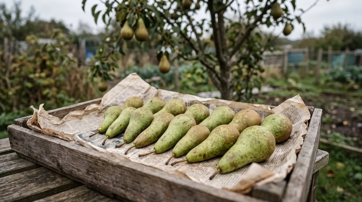 Firm, freshly picked Conference pears with russet patches laid in a single layer on a tray