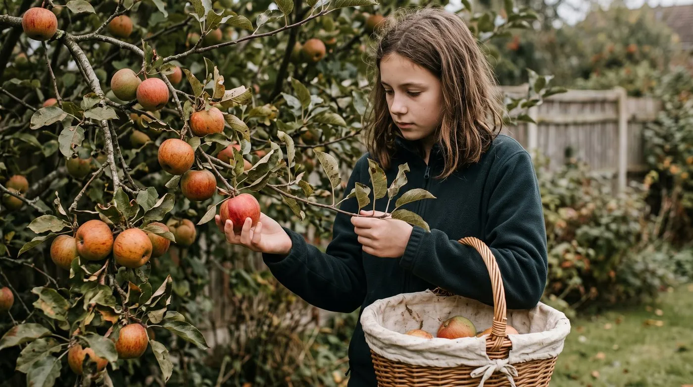 A teenage girl picking an apple with the lift-and-twist test, the stalk coming away cleanly
