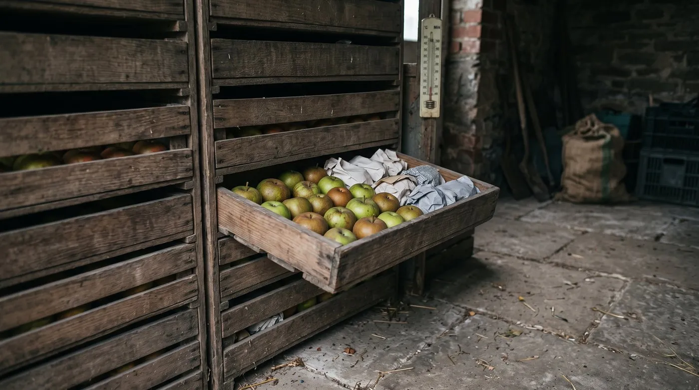 Apples laid stalk-up in a single layer in a slatted wooden rack, some wrapped in newspaper