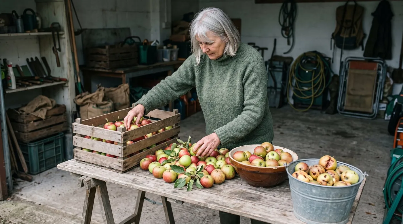 An older woman sorting picked apples into perfect, slightly damaged and windfall piles in a garage