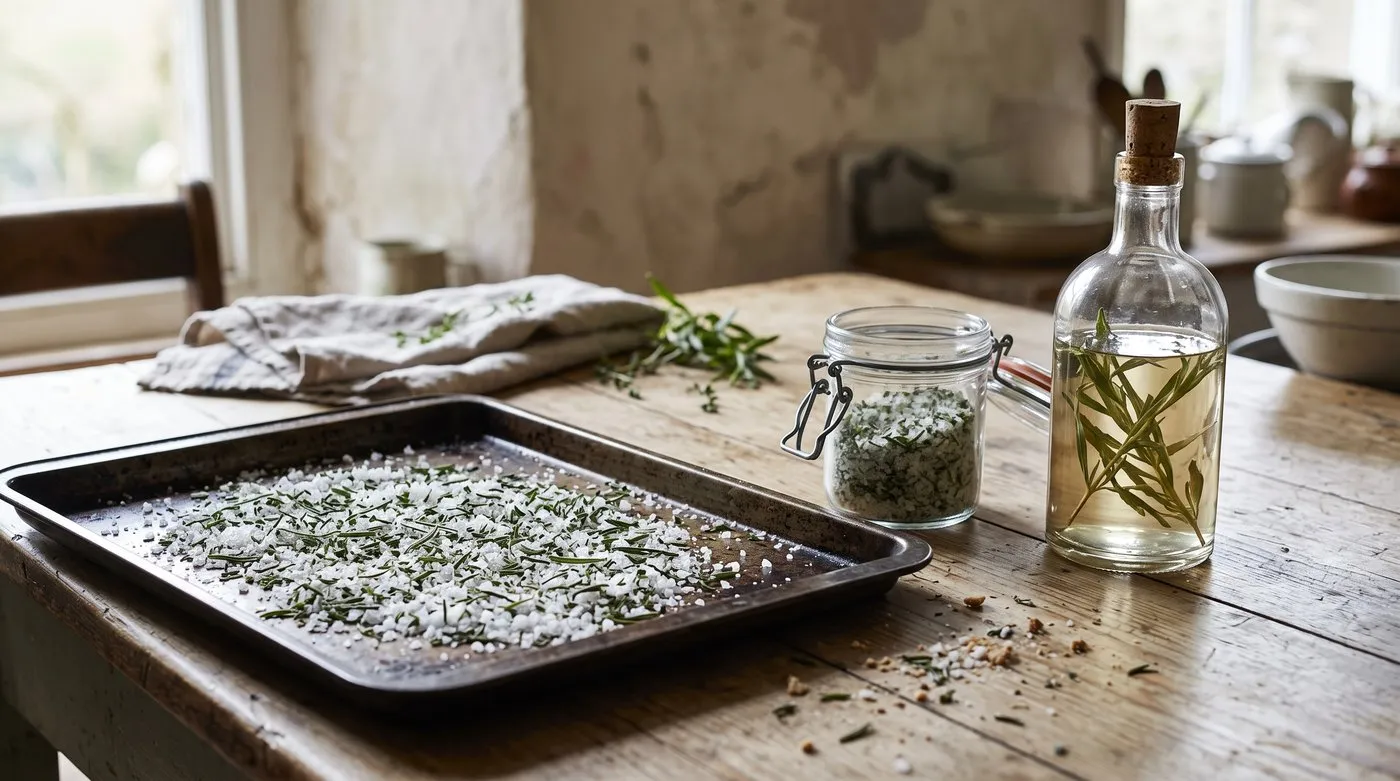 Herb salt drying on a tray beside a jar of rosemary salt and a bottle of tarragon vinegar