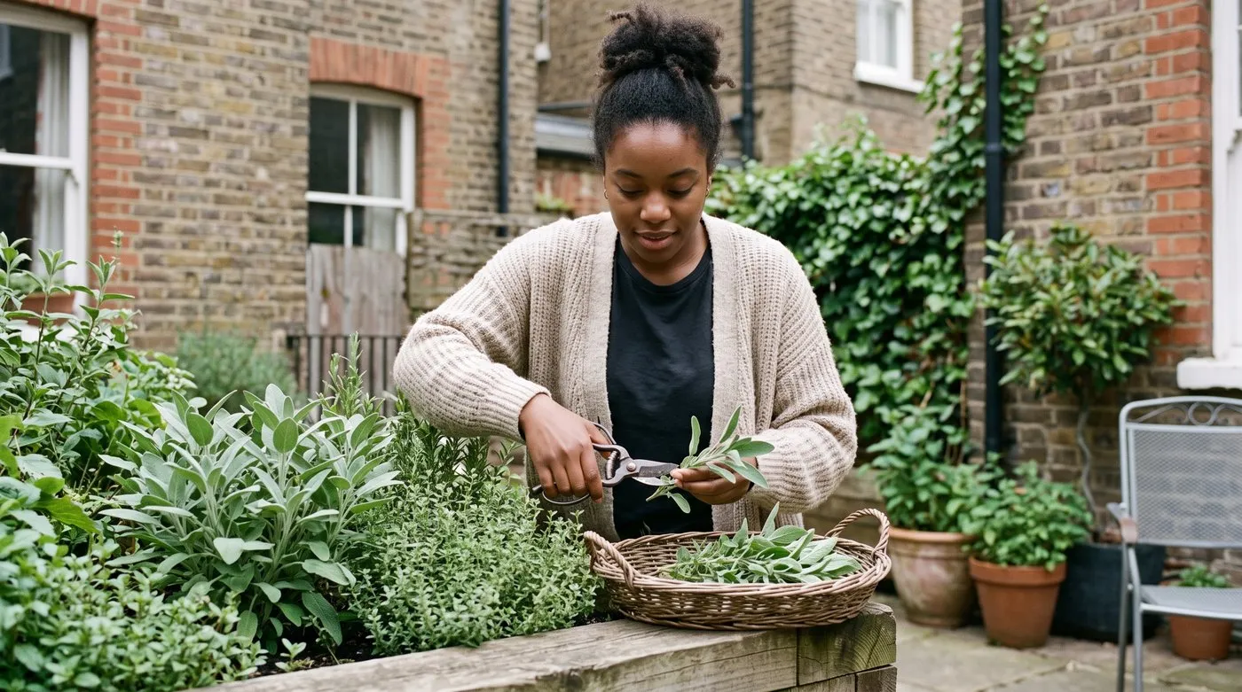 Cutting whole stems of sage and thyme into a basket from a raised herb bed on a dry morning