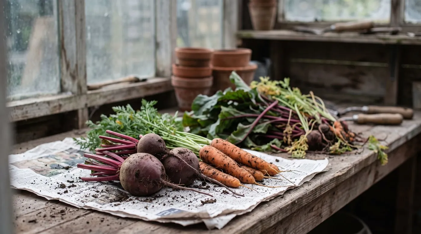 Unwashed beetroot with 5cm of stalk left on and carrots drying on newspaper before storage