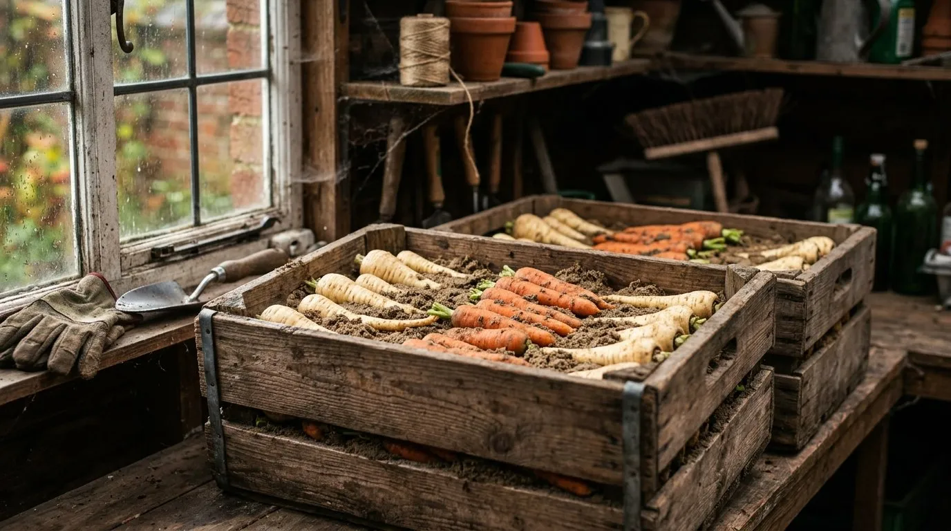 Wooden crates packed with carrots and parsnips in damp sand for winter storage in a UK garden shed