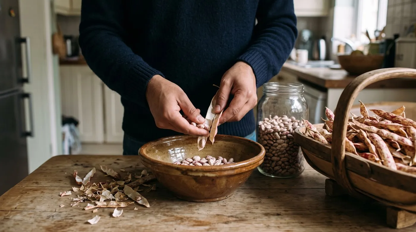 Hands shelling dry borlotti bean pods into a bowl, with a jar of dried speckled beans on the table