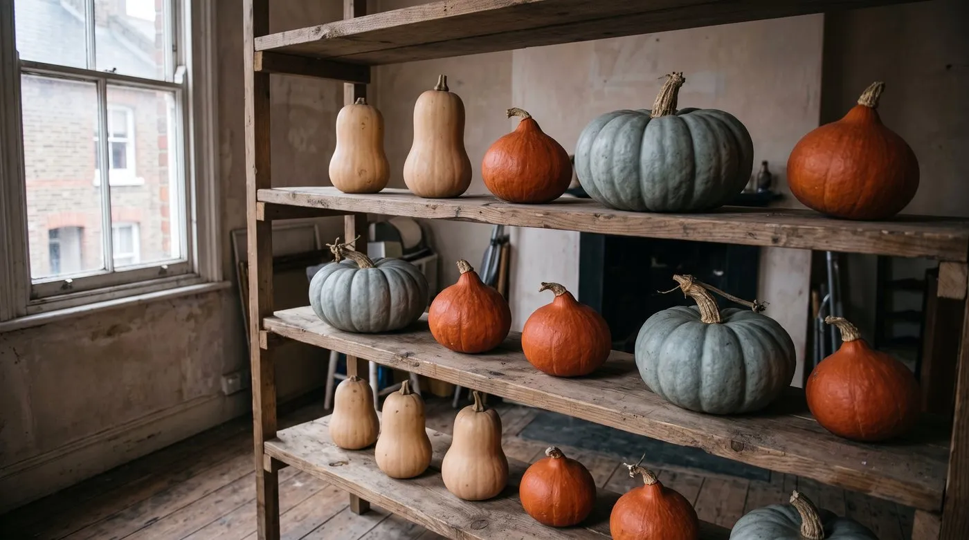 Cured butternut and Crown Prince squashes stored on a dry wooden shelf indoors, spaced so they don't touch