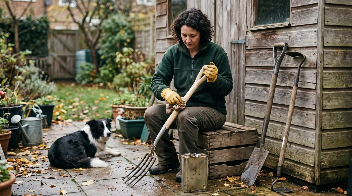 Woman rubbing linseed oil into a wooden fork handle with a rag outside her shed, with a dog lying nearby
