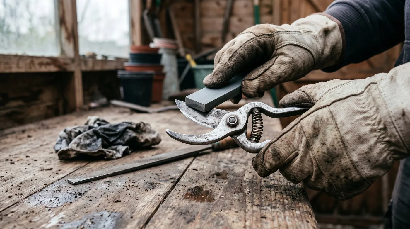 Gloved hands sharpening the bevelled blade of bypass secateurs with a small stone on a shed bench