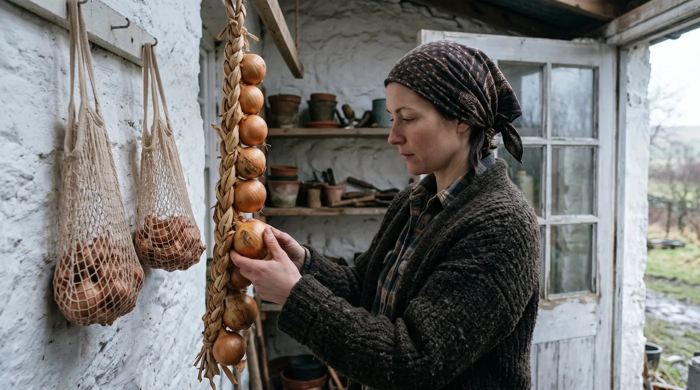 Woman pressing an onion on a hanging plait to check for soft spots, with net bags of shallots beside it