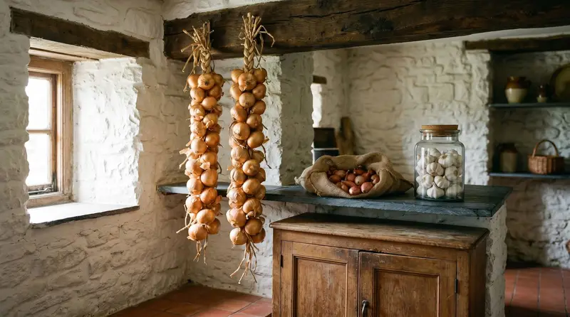 UK cool stone-walled larder with two long plaits of cured golden onions hanging from an oak beam