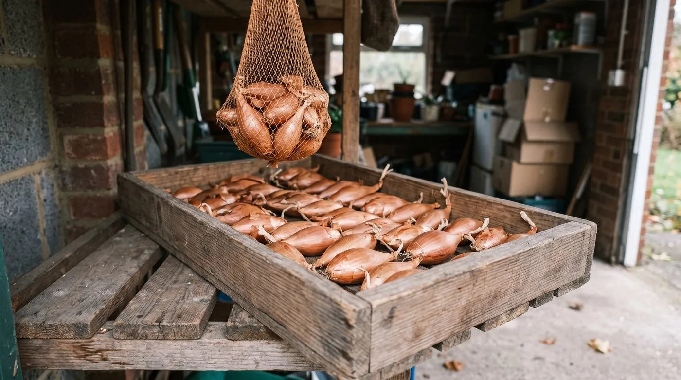 Cured shallots in a single layer in a slatted wooden tray, with a net bag of shallots hanging above