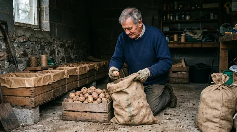 A UK gardener stacking cured maincrop potatoes into a hessian sack inside a cool dark garage