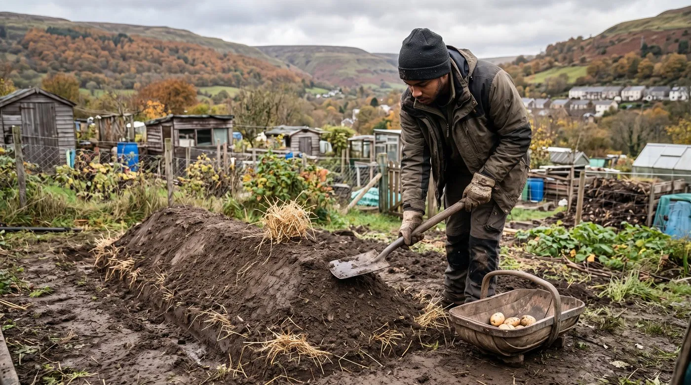 Man patting soil over a straw-covered potato clamp on an allotment, with a straw chimney poking out of the top