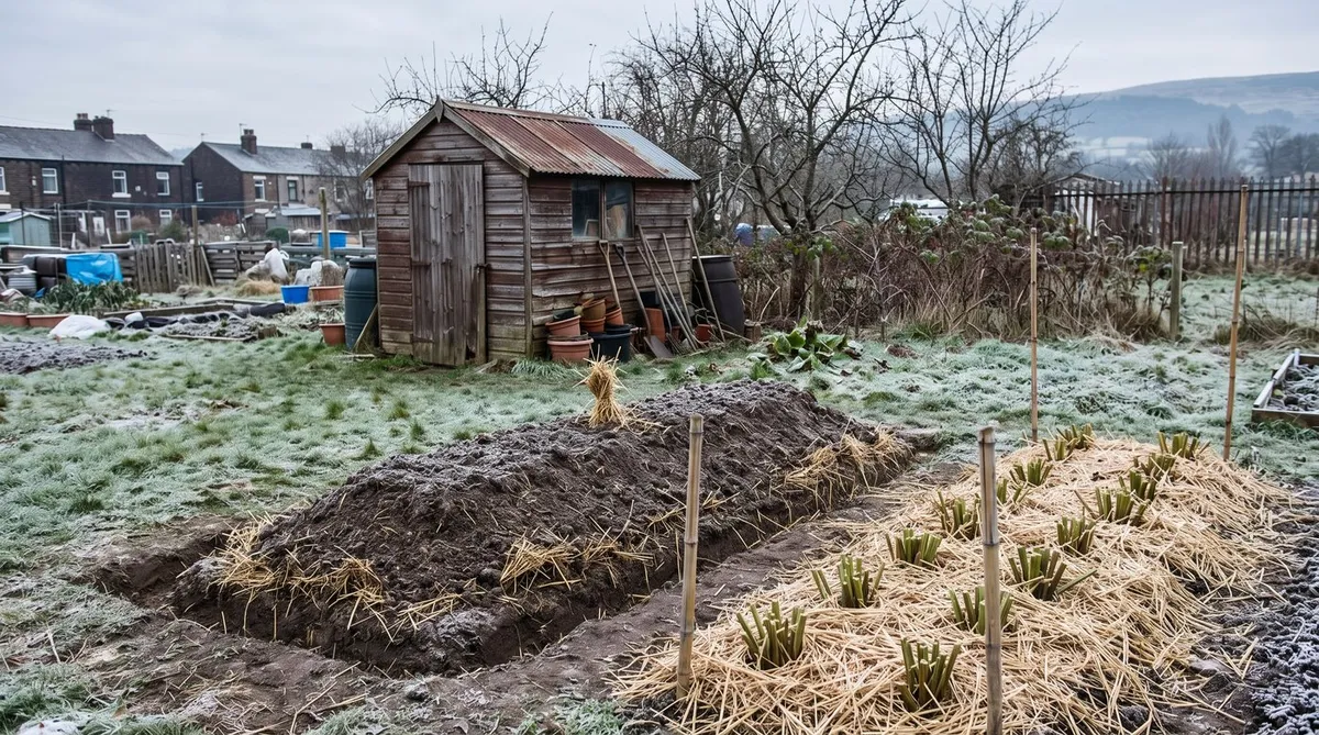 Soil-covered vegetable clamp with a straw chimney beside a straw-mulched parsnip row on a frosty allotment
