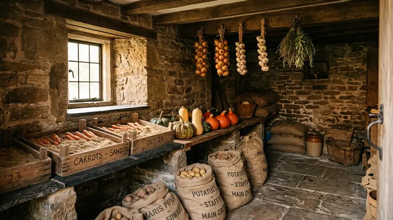 Storing root crops UK winter: stone outbuilding with sand carrots hessian potatoes and shelved squash