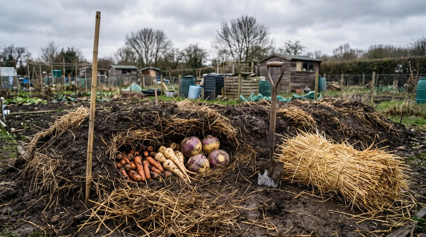 End of a vegetable clamp opened to show stored carrots, parsnips and swedes, with fresh straw ready to re-cover it