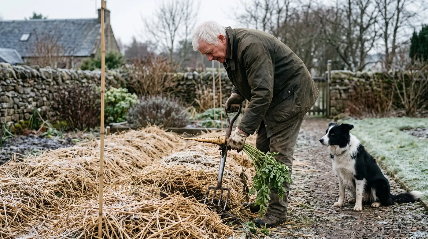 Older man lifting a parsnip with a fork from a straw-mulched row on a frosty day, with a dog watching