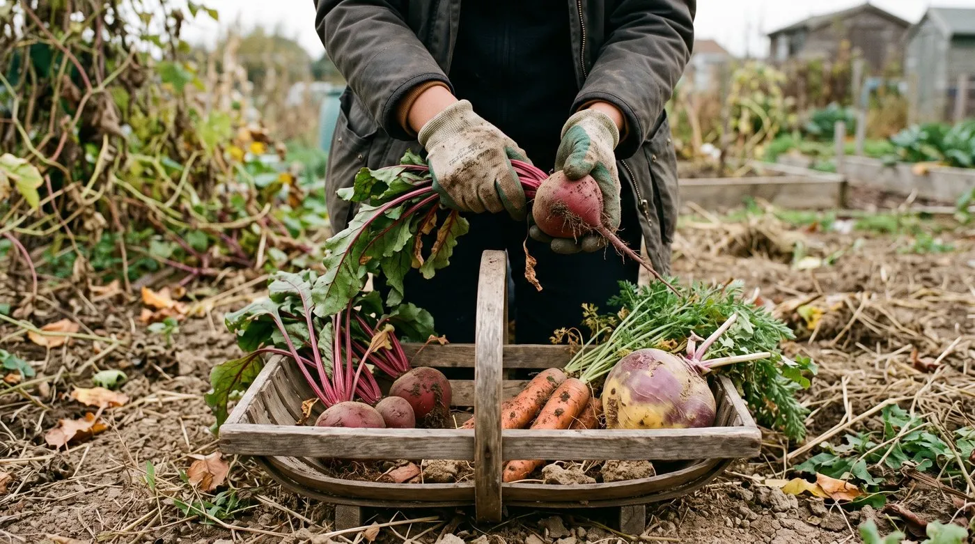 Gloved hands twisting the leaves off a beetroot over a trug of unwashed carrots, beetroot and swede
