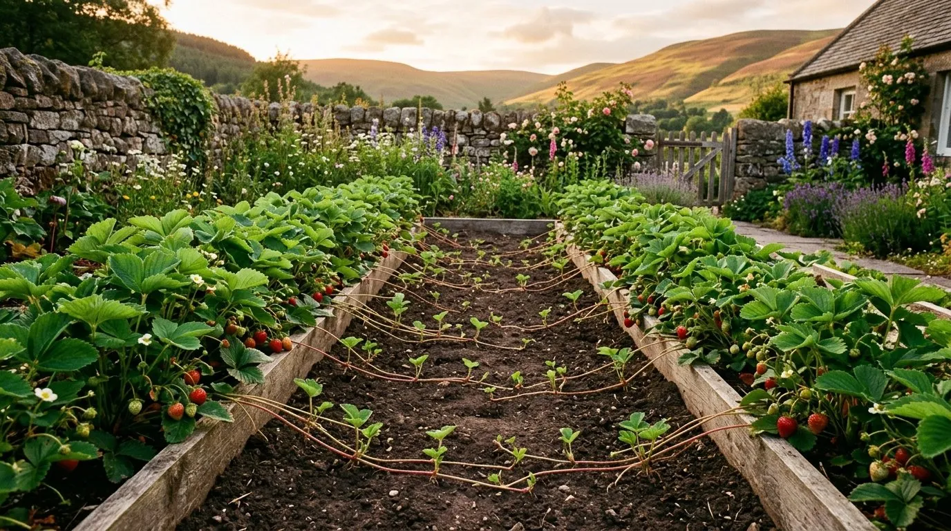 Rows of strawberry plants sending out strawberry runners in a Scottish cottage garden