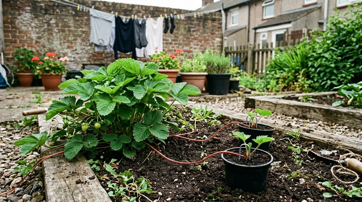 Strawberry runners pegged into sunken pots of compost in a UK terraced back yard