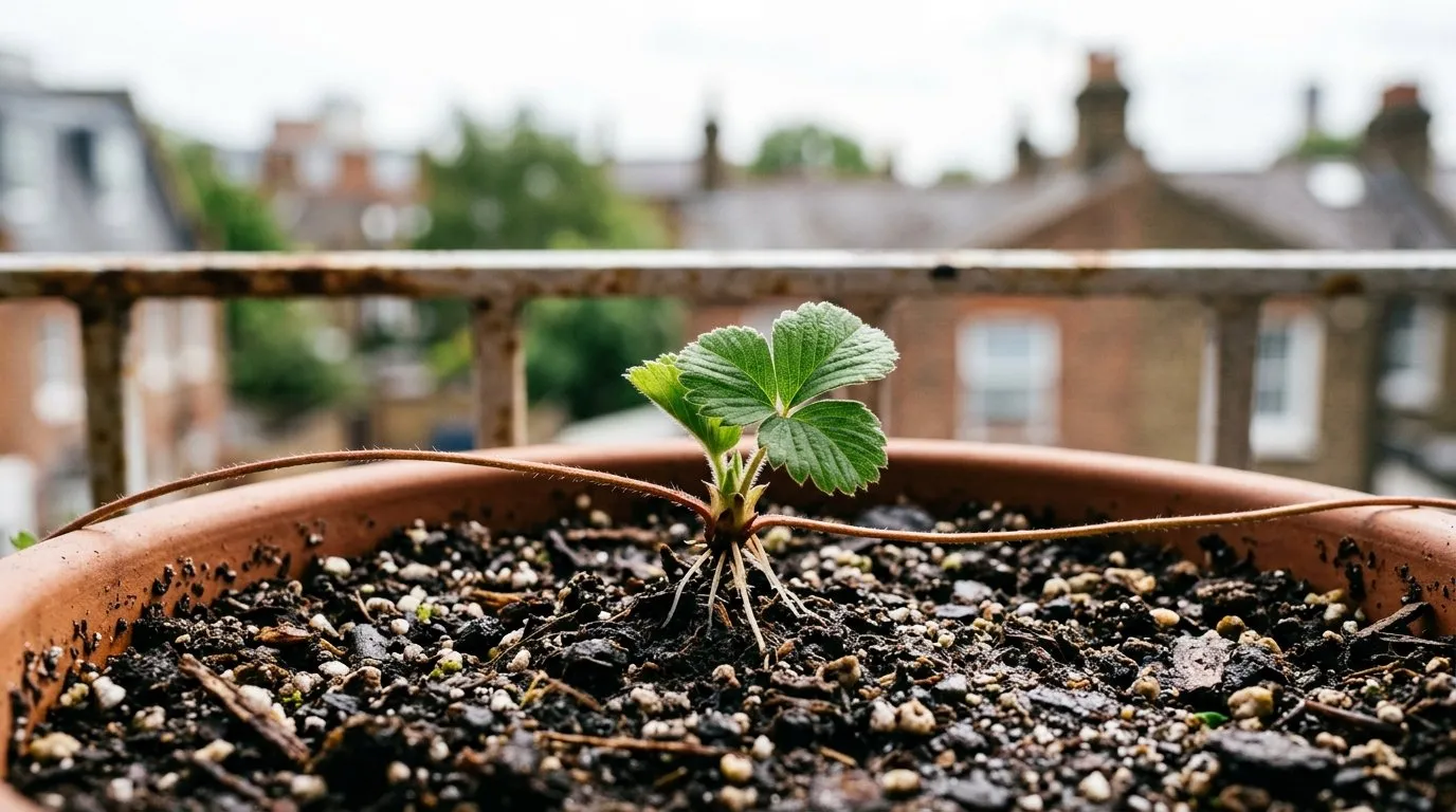 Close-up of strawberry runners with plantlets forming at the nodes
