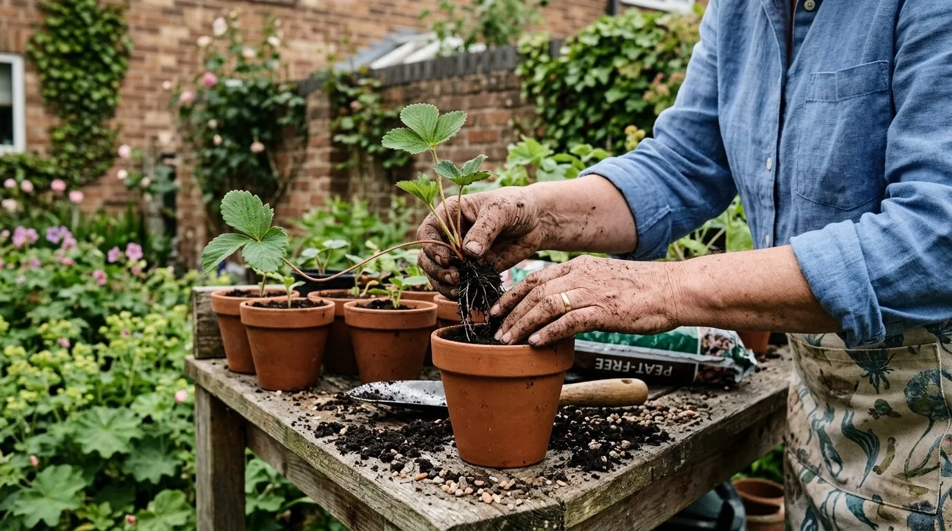 Rooted strawberry runners being potted on into 9cm pots at a garden potting bench