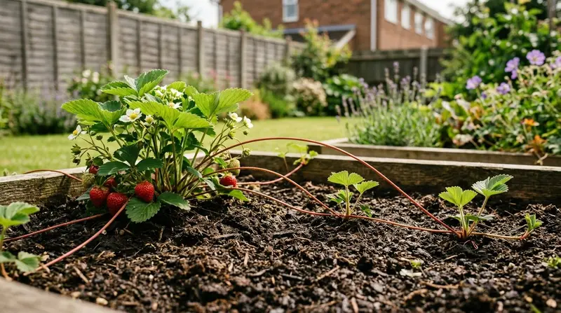 Strawberry runners spreading from a parent plant across a raised bed in a UK garden