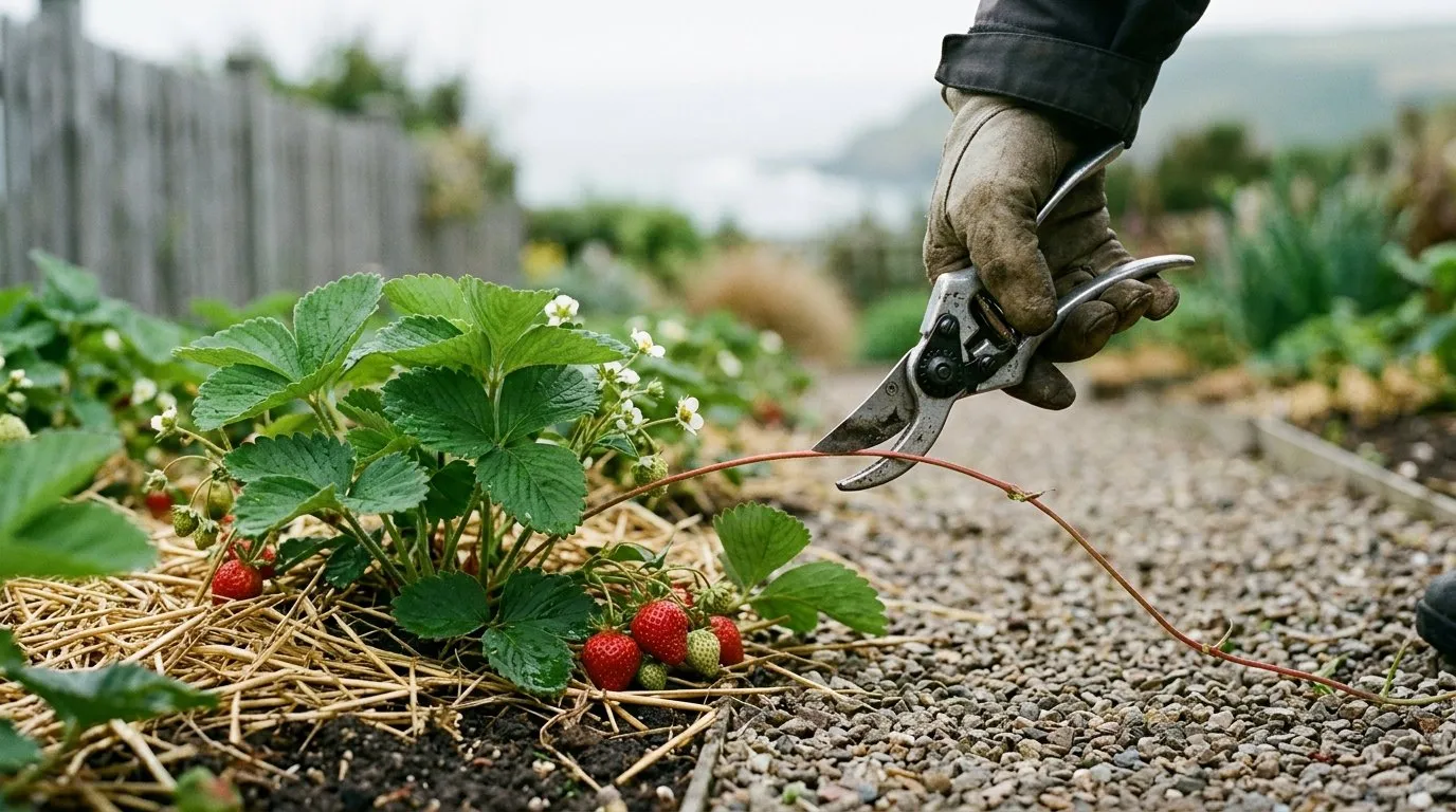 Cutting off unwanted strawberry runners with secateurs beside a gravel path