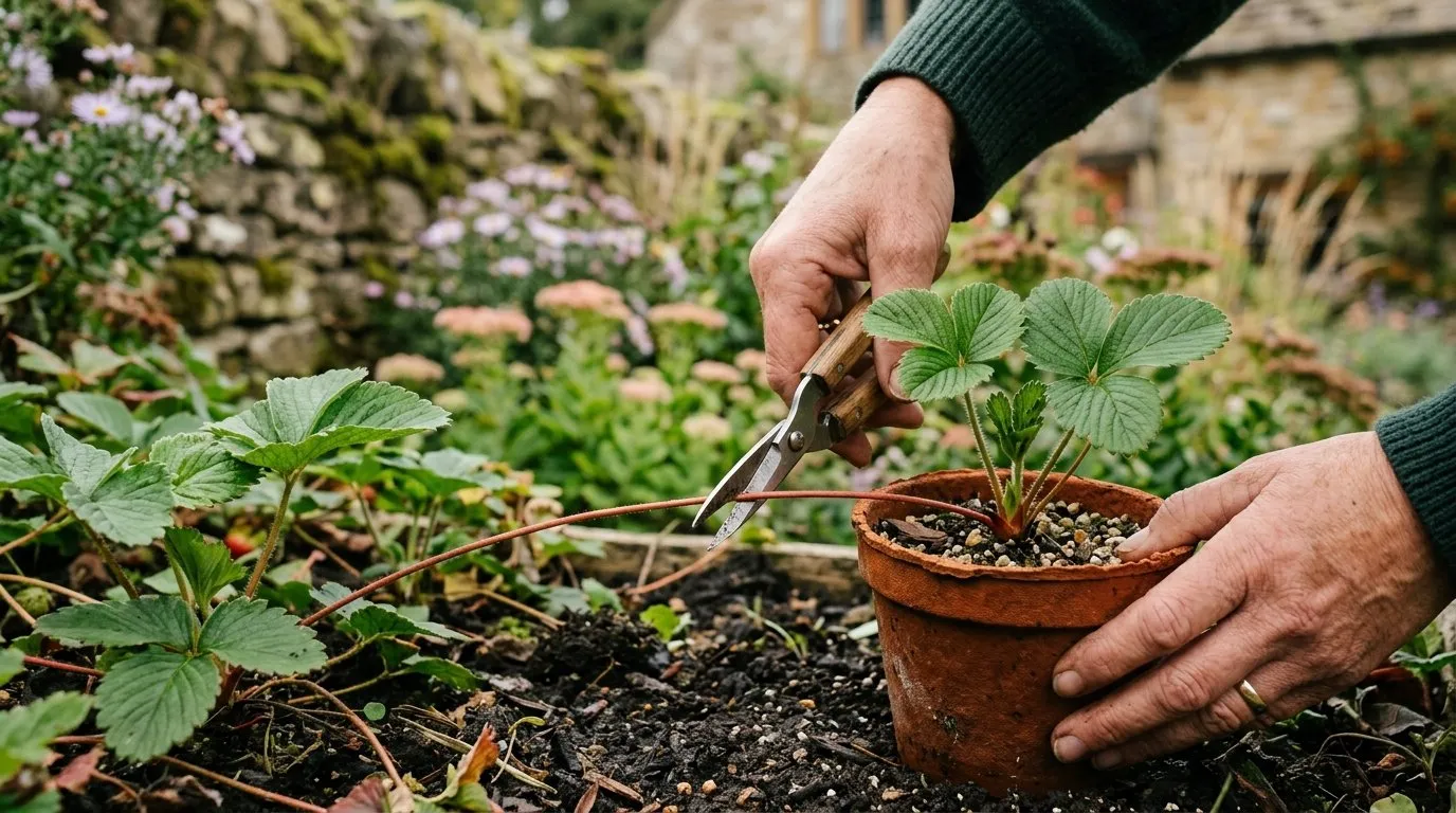 Severing rooted strawberry runners from the parent plant with scissors