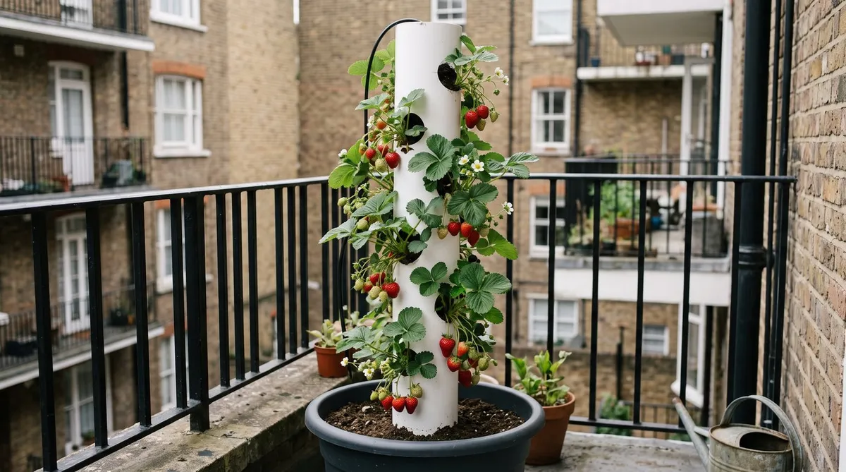 Drainpipe strawberry tower with ripe berries hanging from staggered holes on a city flat balcony