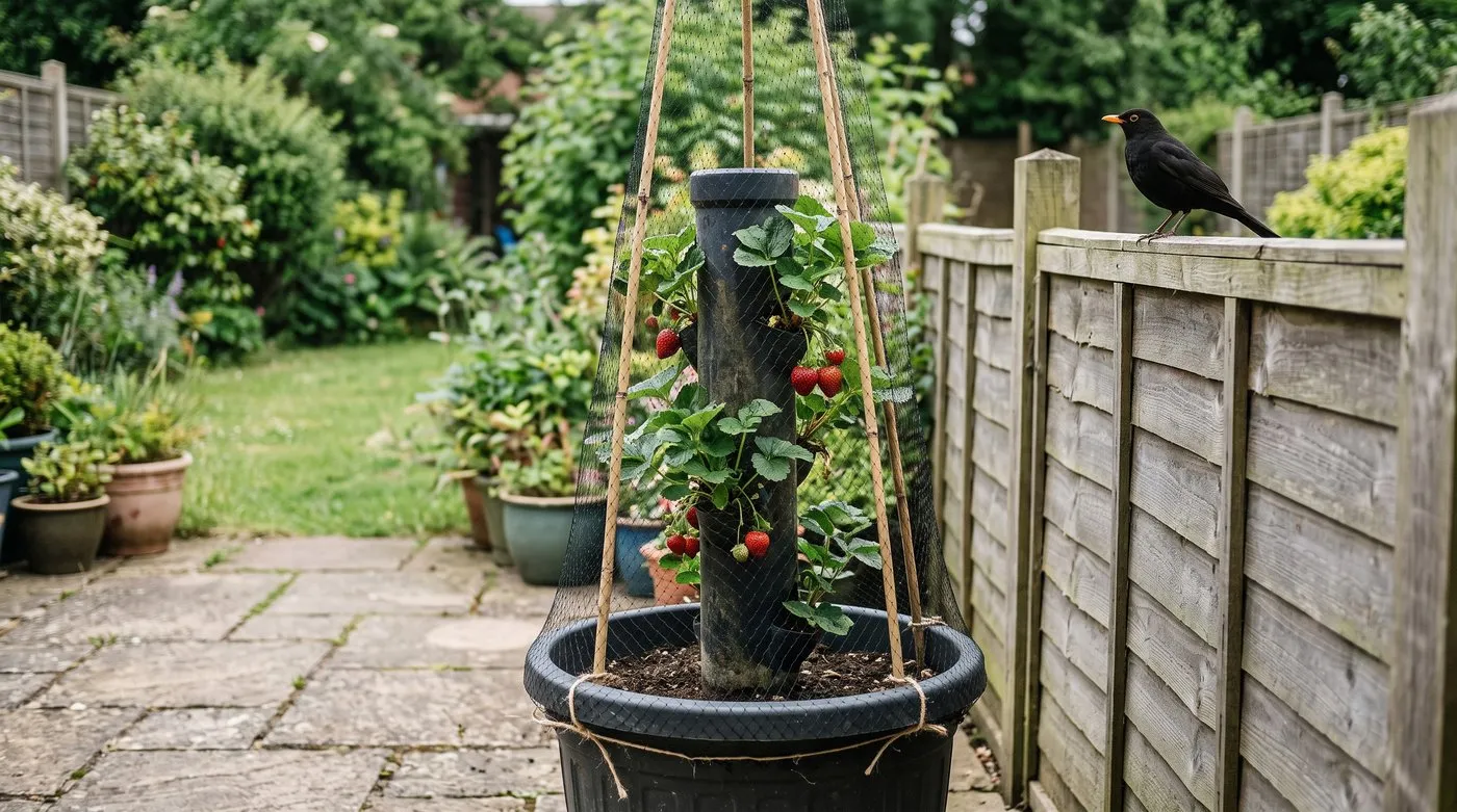 Strawberry tower covered with netting held clear of the fruit on three canes, a blackbird on the fence