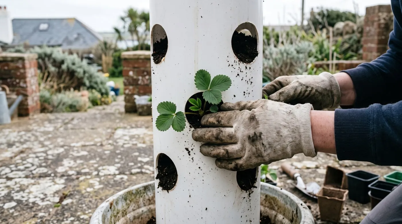 Gloved hands pushing a strawberry plant through a hole in a drainpipe tower with the crown level with the hole