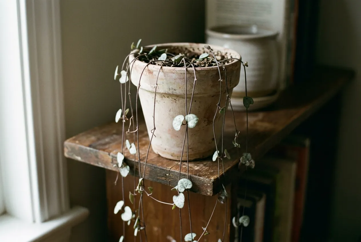 A string of hearts in a pot with long leggy bare vines and wide gaps between small pale leaves caused by low light