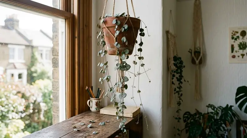 String of hearts trailing from a hanging pot by a window with some bare vines and dropped heart-shaped leaves